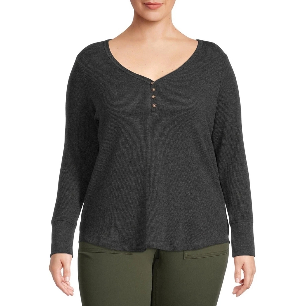 Terra & Sky Womens 1X Plus Black Soot Waffle Knit Henley Long Sleeve Top NEW‎